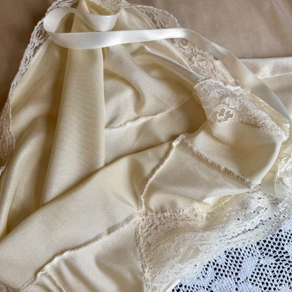 Ivory Satin Slip Nightgown Lace Trim V-Neck Adjustable Straps Lace Hem Coquette - Picture 14 of 14